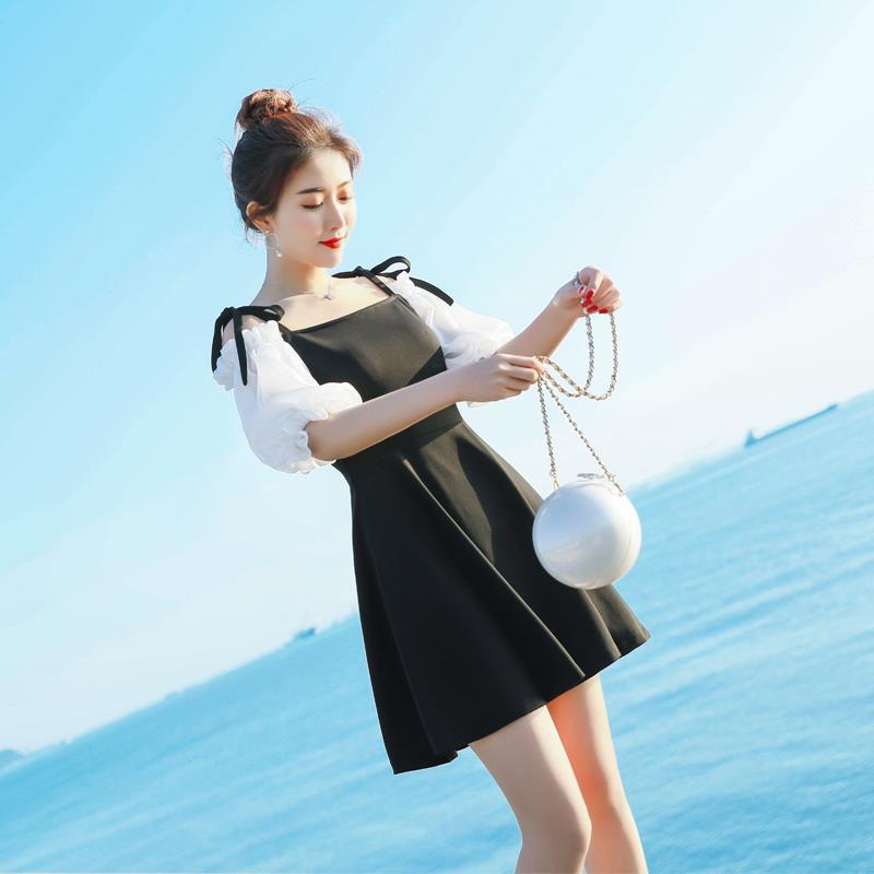 2025 Black Chiffon One-Shoulder Spaghetti Strap Summer Beach Dress S