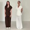 2025 Summer European & American Slimming V-Neck Top & Wide-Leg Pants Two-Piece Set