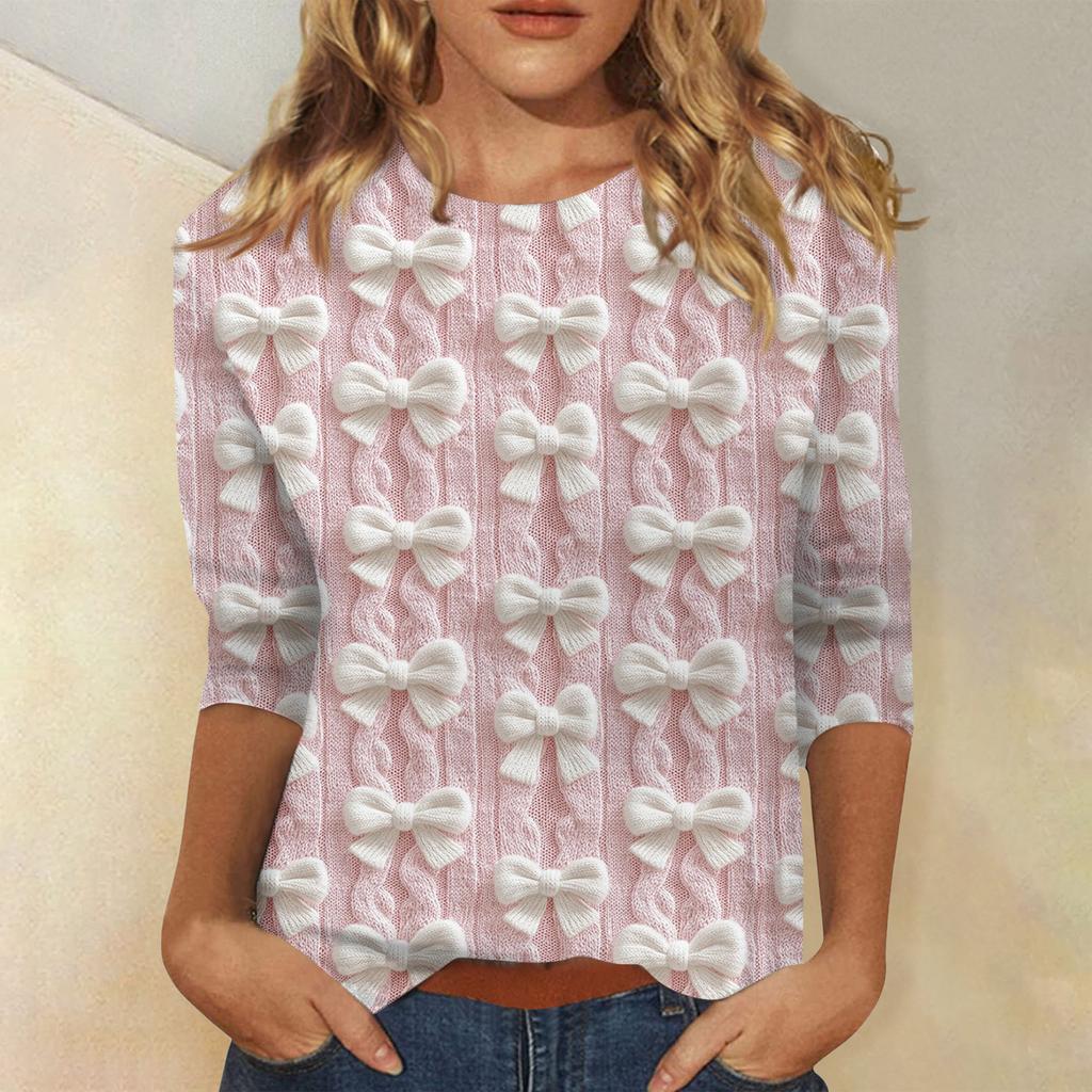 Women's Fashionable Casual Three-Quarter Sleeve Christmas Print Round Neck Top