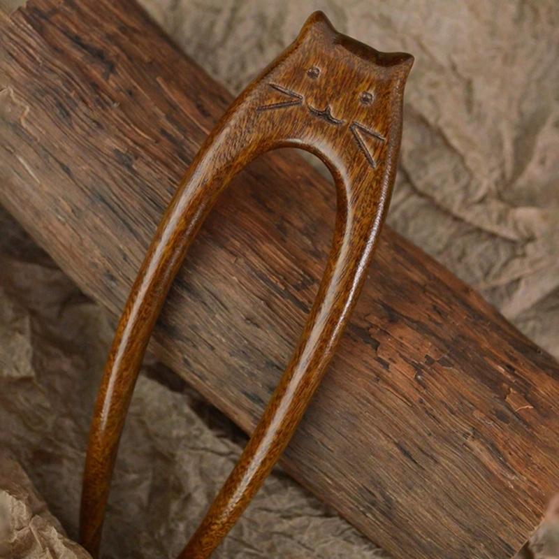 Artistic Cats Pattern Wood Hairpin Unique Hair Fork Ethnic Style Hairpin for Women Girls Ethnic Style Hair Accessories