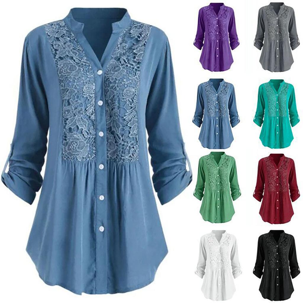 Camicia a maniche lunghe con scollo a V e bottoni in pizzo, comoda e casual, da donna, taglie forti