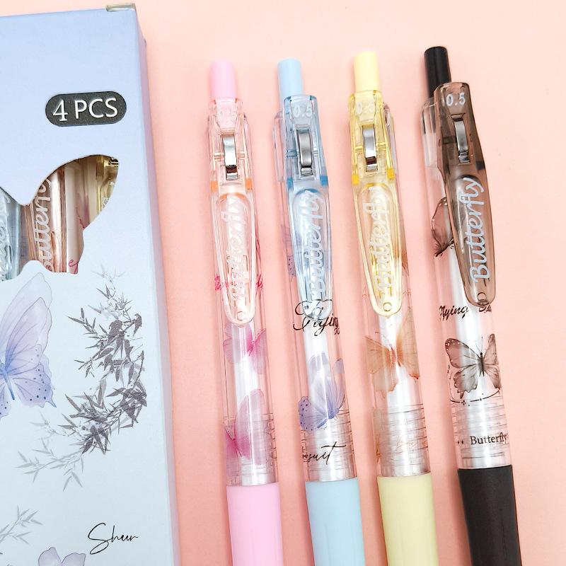 NEW 4Pcs 0.5mm Butterfly Gel Pen ST Nib Press Type Writing Neutral Pens Black Ink Smooth Writing Signature Pen School Office