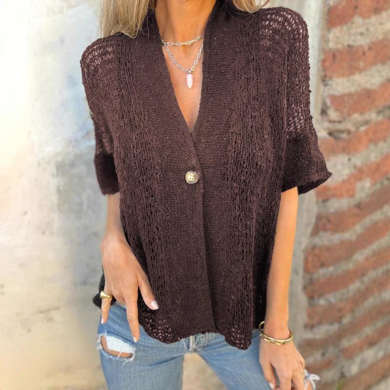 

Independent New Women s Spring and Autumn One-button Mid-sleeve Openwork Knitted Cardigan Top XXXL темно-коричневого кольору