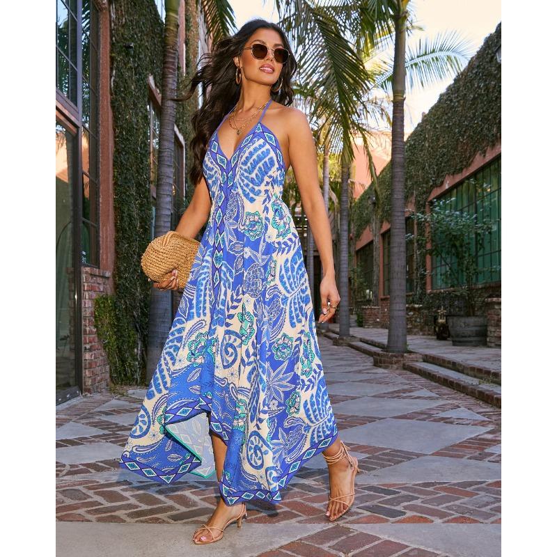 Summer off-shoulder V-neck women's suspender printed long dress for women