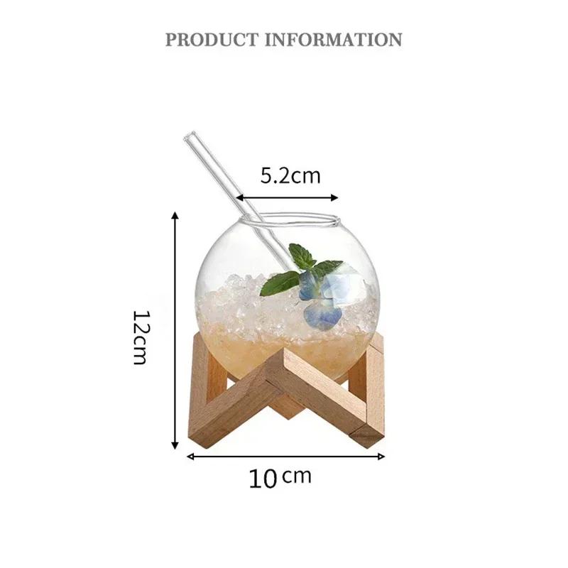 Cocktail Round Ball Glass Cup with Wood Holder Straw Transparent Moon Ball Cold Drinking Juice Cups Holiday Beach Glass Cup