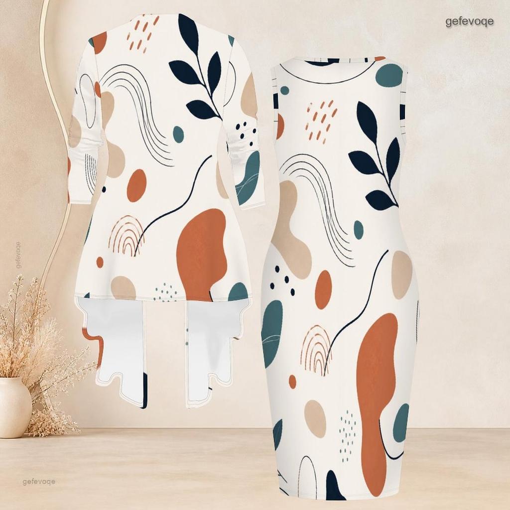 Women Plus Size Two Piece Set Abstract Printed Sleeveless Bodycon Dress And Three Quarter Sleeve Cardigan
