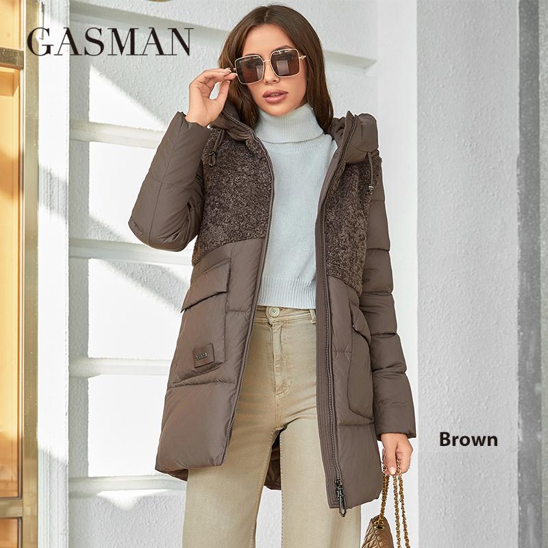 

GASMAN 2023 однотонная модная женская парка пальто с воротником-стойкой короткие облегающие повседневные теплые плюшевые пуховики с капюшоном 83398 XXL коричневый
