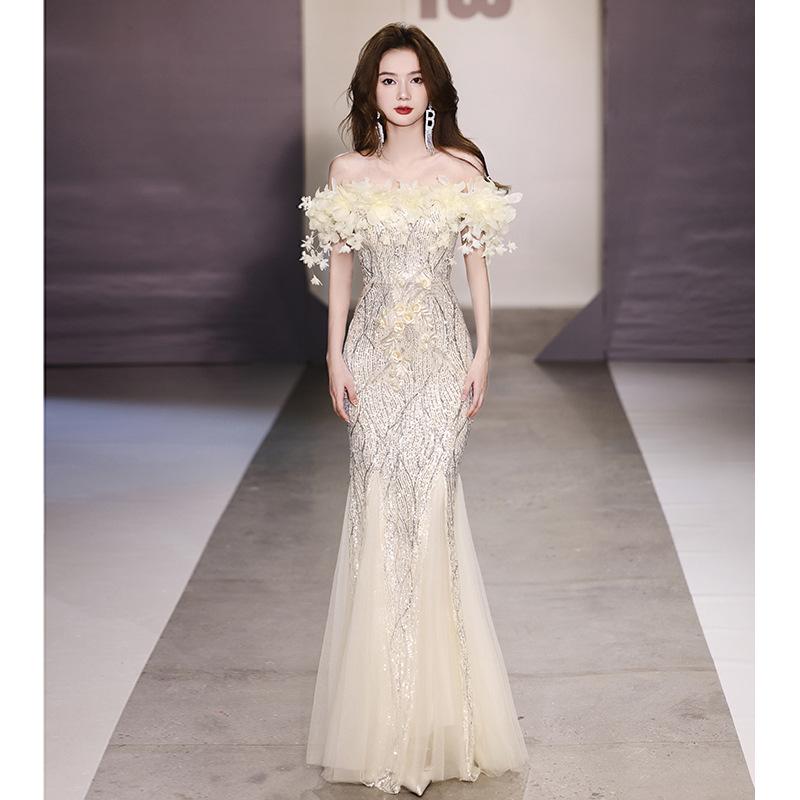 Fishtail Evening Dress Skirt 1011 One-word Shoulder High-end Light Luxury Niche Haute Couture Senior Host Sequins Annual Dinner Flash
