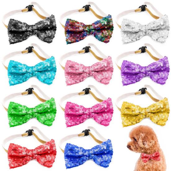 Pet Neck Bow Sequins Decor Accessories Adjustable Pet Dogs Cats Bow-knot Collar with Bell for Festival