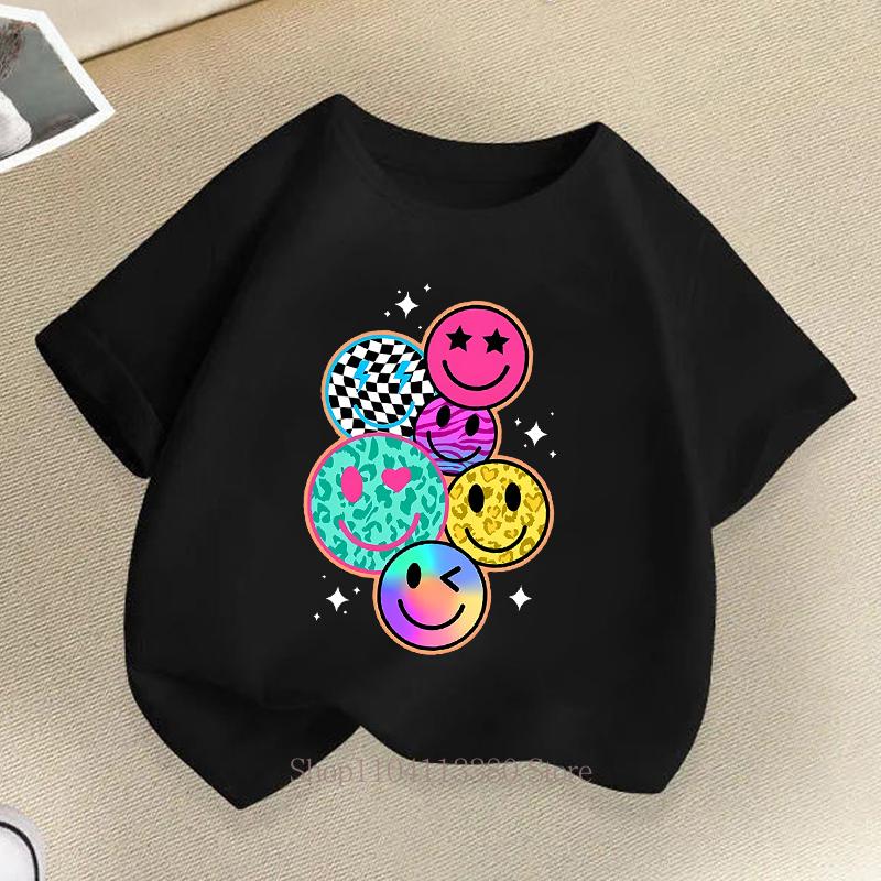 Cartoon Smile Print T-Shirt Summer Boys' and Girls' Fashion Casual Fun Cute Colorful Short Sleeve