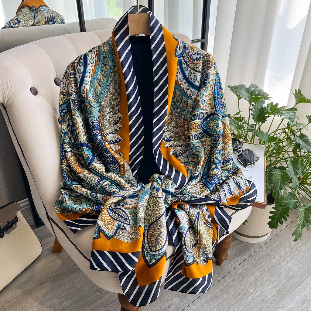 Popular 180X90CM Print Bandannas Europe America Silk Scarves Four Seasons Satin Beach Towel Fashion Flower Long Shawls