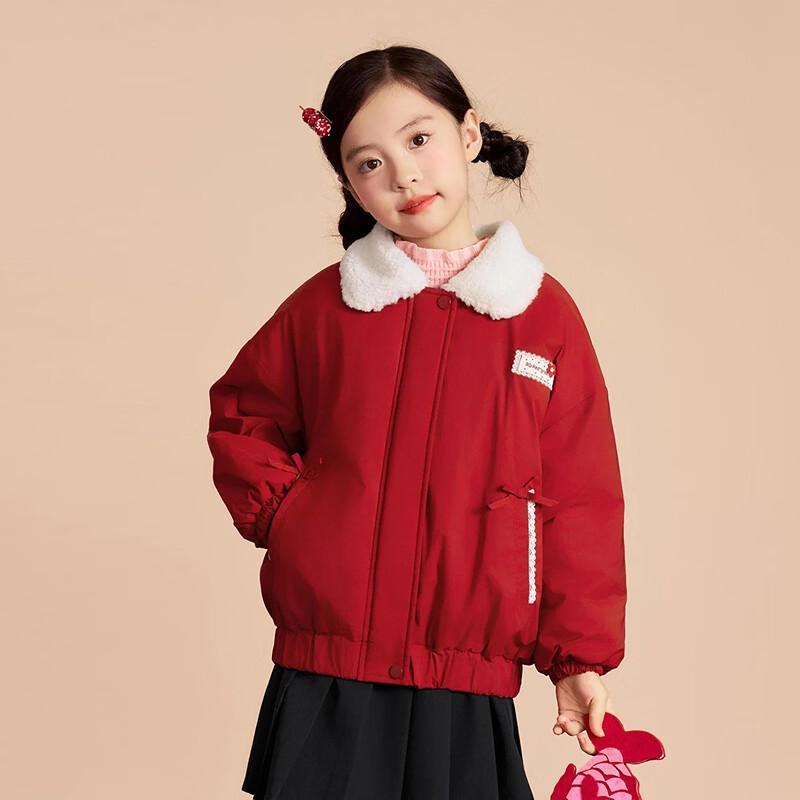 Girls' Plush Collar Red Padded Winter Jacket