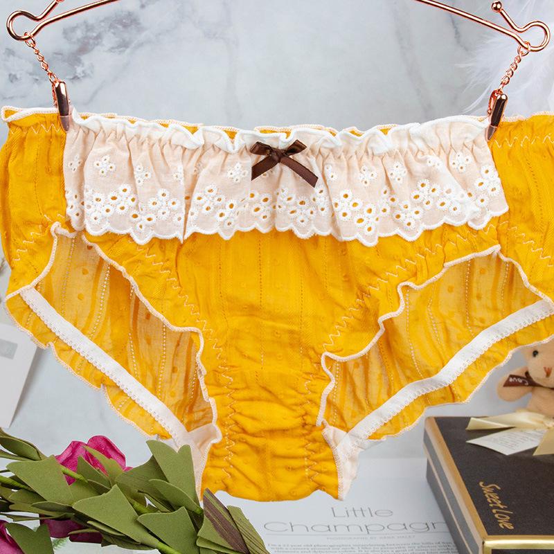 Женские кружевные сетчатые трусики-треугольники с рюшами Honey Ke Aesthetic M жёлтый