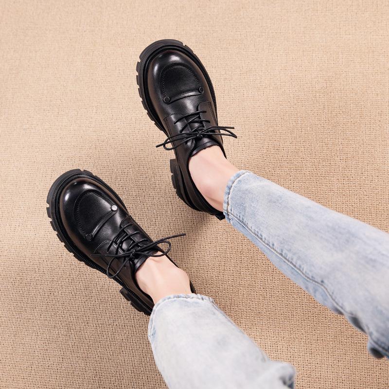 First layer cowhide loafers women's spring and autumn new leather foam muffin bottom lace-up thick-soled British style women's shoes