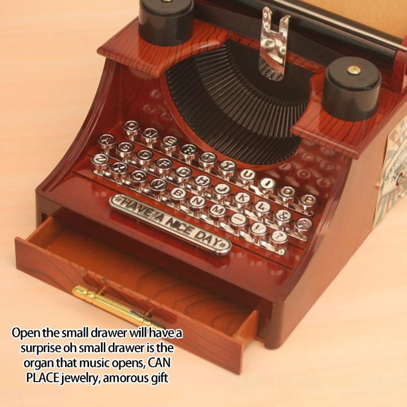 Retro Design Wind Up Mechanical Music Box In Typewriter Shape Sweet Melodies with Drawer Home Desktop Shelf Decors