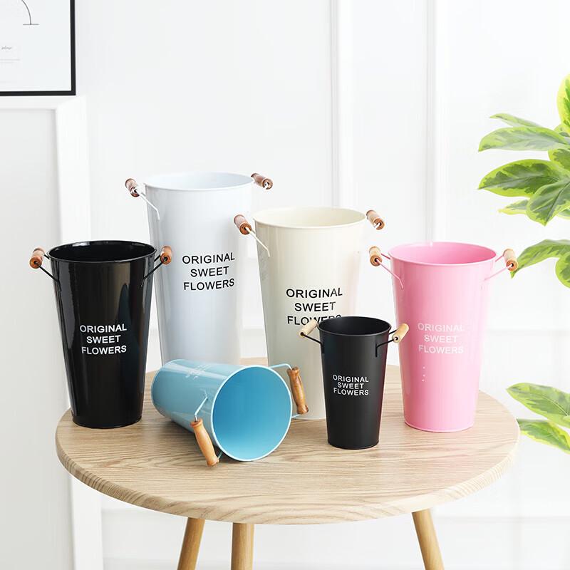 Set of 10 Blue Plastic Flower Buckets with Wooden Handles