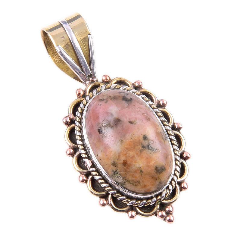 Natural Rhodonite Gemstone 925 Solid Sterling Silver Two Tone Pendant 1.50" I0g45