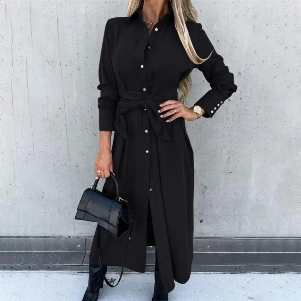 Women's Cotton Button Down Maxi Long Sleeve Lapel Collared Long Dress Lace Up Waist Ladies Robes