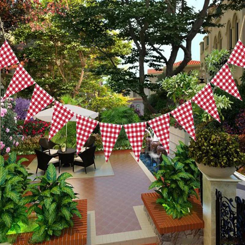 Tecido Vermelho Branco Xadrez Triângulo Bandeira Bandeirola Guirlanda Casamento Aniversário Carnaval Piquenique Festa ao Ar Livre Decoração de Bandeirolas