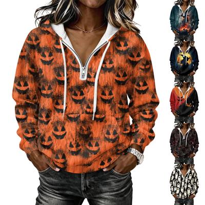 Damen Halloween Bedruckter Langarm Hoodie mit Kordelzug Pullover Sweatshirt