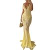 European and American Women Clothes V-neck Sexy Sling Backless Slim Fit Sequin Fishtail Formal Dress Beach Seaside Photography Yellow Long Dress