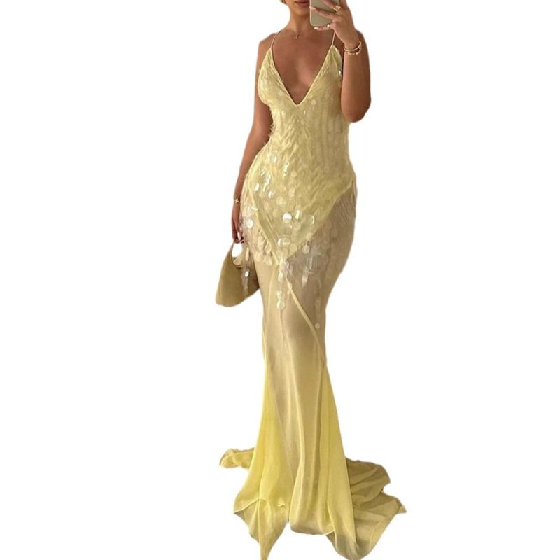 European and American Women Clothes V-neck Sexy Sling Backless Slim Fit Sequin Fishtail Formal Dress Beach Seaside Photography Yellow Long Dress