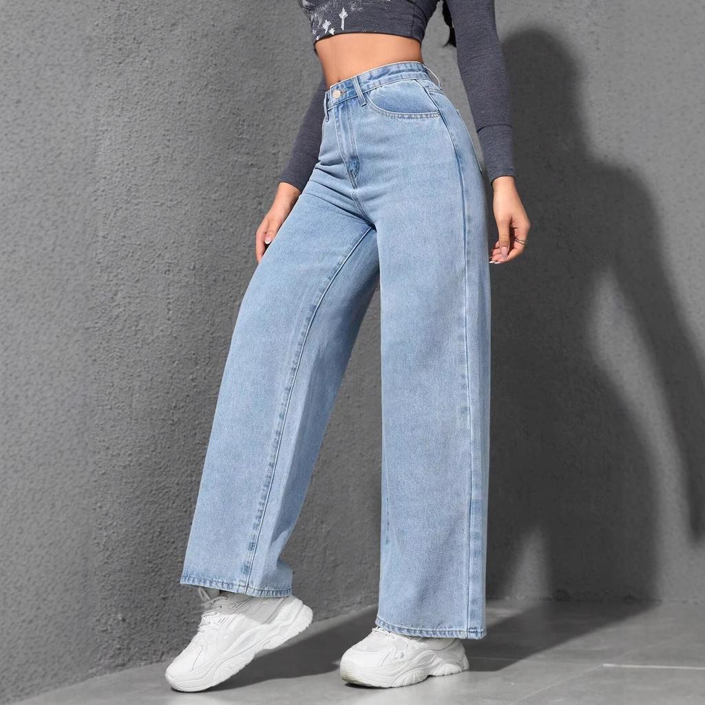 Jeans da Donna a Vita Alta Gamba Larga Vestibilità Larga Tendenza Street Denim Pantaloni 2025 Primavera Lavati Monocolore Dettaglio Bottone Pantaloni Lunghi