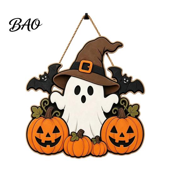 Ghost Wall Decor Halloween Wooden Welcome Sign for Front Door, Rustic Cartoon Hanging Fall Farmhouse Plaque with Pumpkin Wizard Hat And Broom Holiday