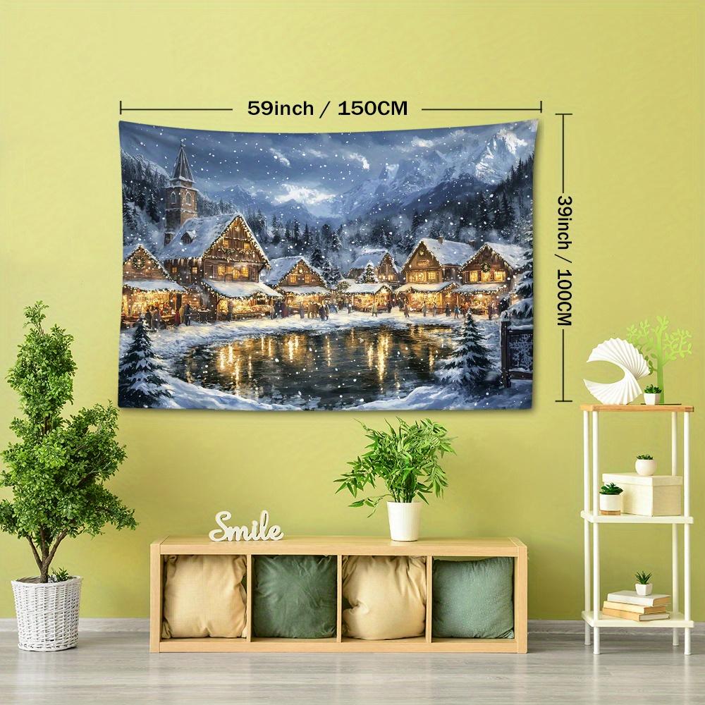 1pc Nordic Snowy Christmas Town Tapestry - Cozy Winter Scene with Snow-Covered Houses, Warm Lights & Starry Night Sky, Bohemian Home Decor for Living