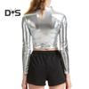 Women Club Top Half High Collar Glossy Surface Skinny Waist Exposed Solid Color Pullover Soft Breathable Lady Pole Dance Performance Party Crop Top