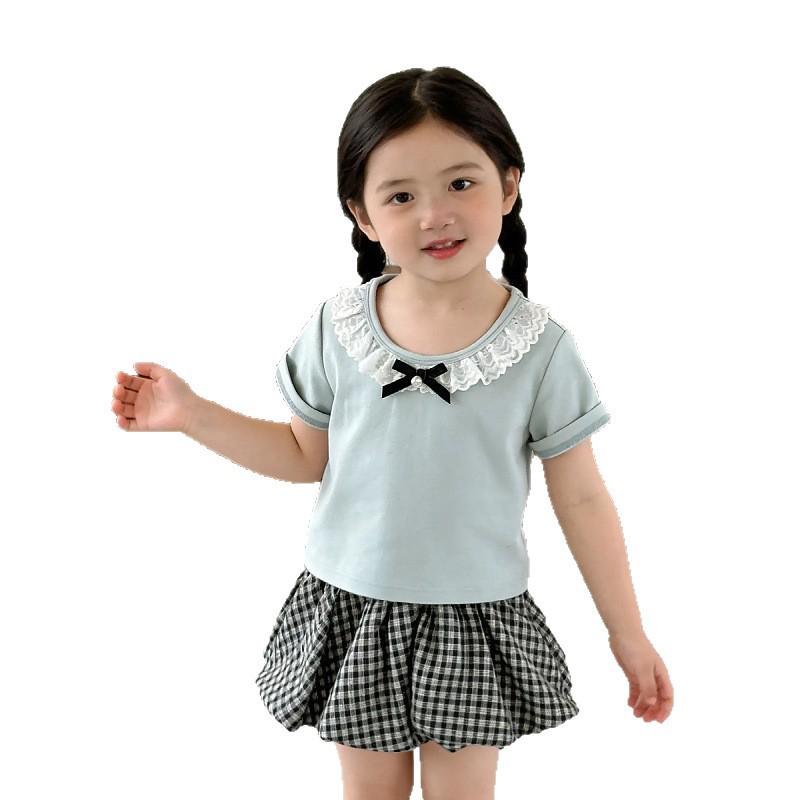 Korean Style Summer 2025 Lace Trim T-shirt & Bloomers Set for Toddlers
