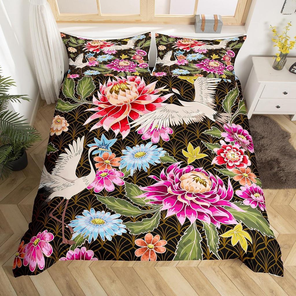 Crane Duvet Cover Twin King Traditional Chinese Style Painting Quilt Cover Chrysanthemum Flower Floral Bedding Set For Dorm Room