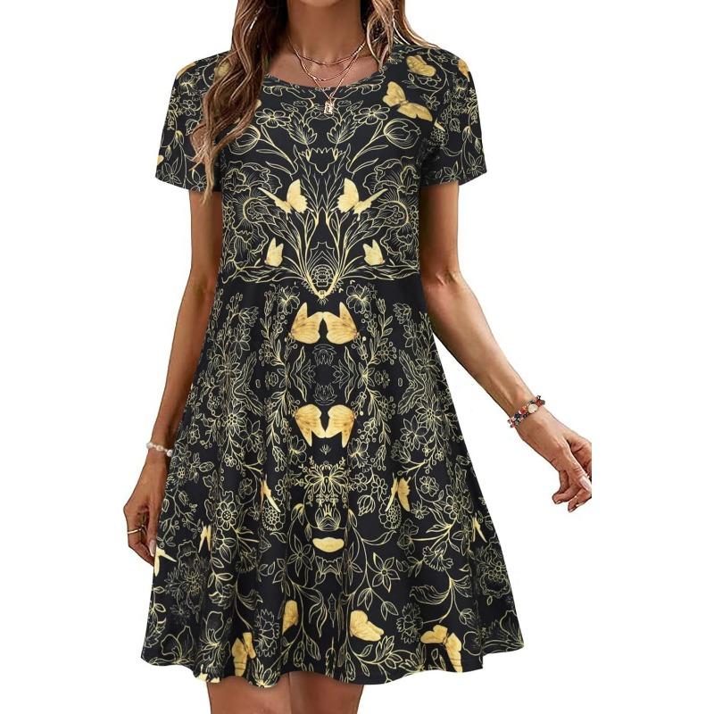 JKASHDK Abiti casual con stampa a fiori, a maniche corte, con scollo a V e vita larga, alla moda estiva da donna