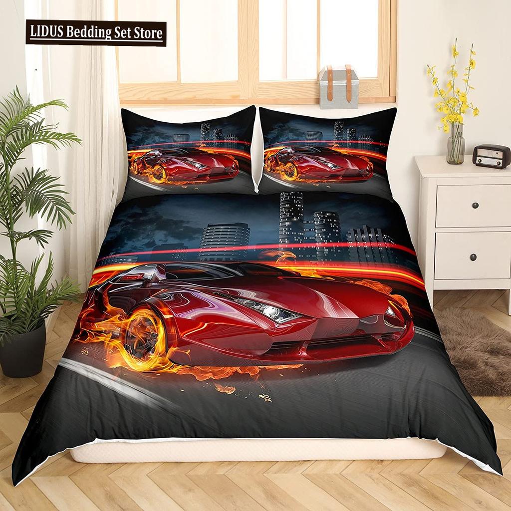 Závodní auto Povlečení Set Velikost Queen 3D Potisk Auta Povlečení Stylová Dekorace Kluci Sport Přikrývka Povlak Rychlost Sportovní Auto Přikrývka Set