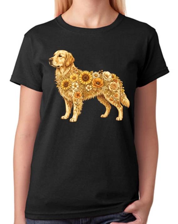 Floral Golden Retriever Artwork Ladies T-Shirt Cute Goldie Dog Art Tee M