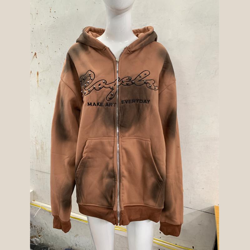 

Худи на молнии с градиентным тай-дай в стиле Y2K для мужчин и женщин XL темно-коричневого