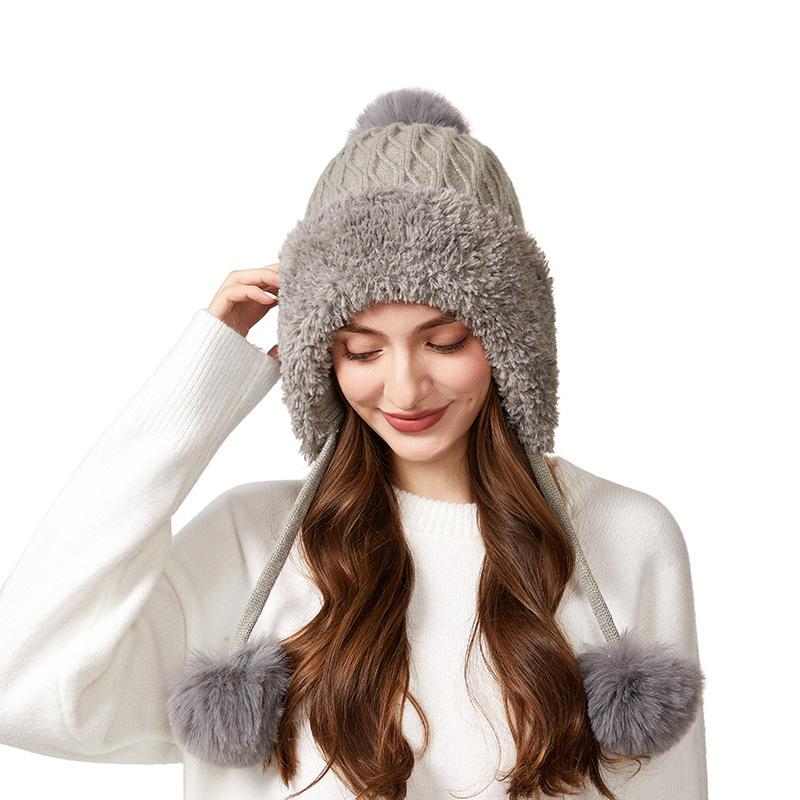 Autumn Winter Women's Three-Hair Ball Velvet Thick Cold Ear Protection Warm Knitted Cap