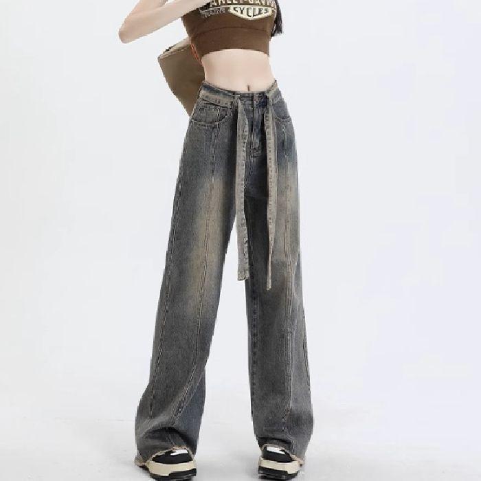 Women's Retro Washed High-Waist Wide Leg Jeans - Distressed and Slimming Style for Spring & Autumn