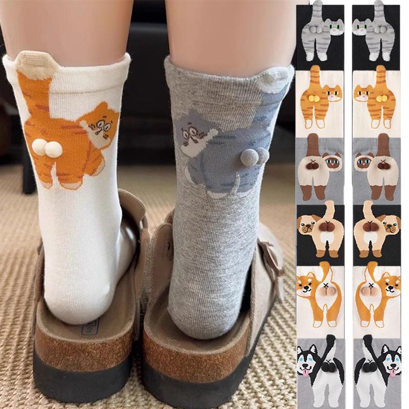 Spring and Summer Couple Socks Cute Mid Tube Versatile Women's Pile Socks Four Season Socks Cartoon Cat Jingle Egg