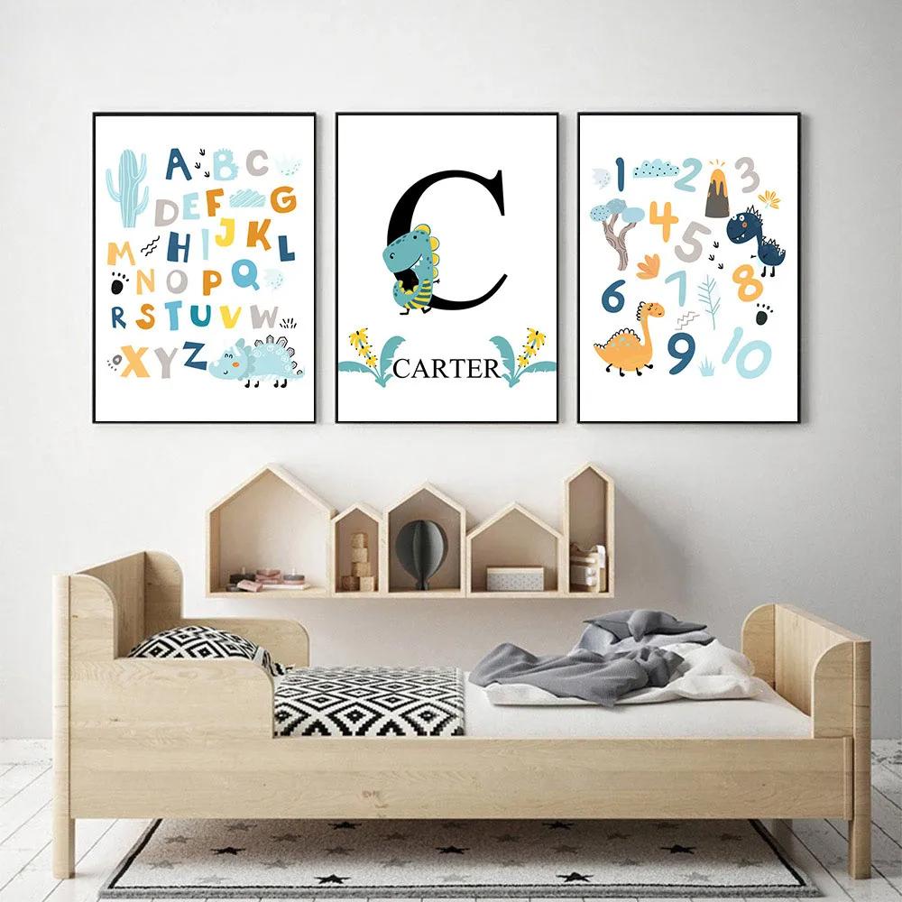 Alphabet and Number Wall Poster for Boys, Custom Name Canvas Painting, Colorful Dinosaur Print, Nursery Wall Art Picture, Kids R