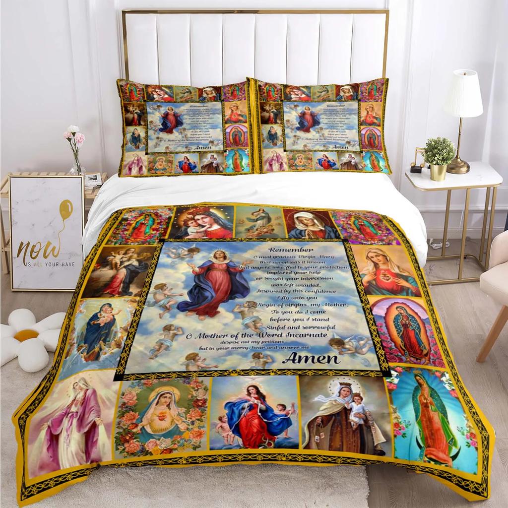 Bettwäscheset mit der Jungfrau Maria und Jesus, Halloween-Horrorfilm, Bettbezüge, Kinderbettwäsche, Dekor, Bettwäsche mit Kissenbezug, kein Laken, 3-teilig