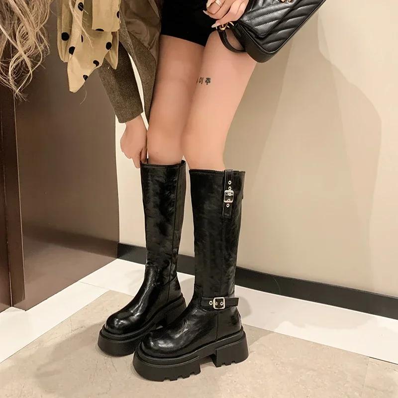 Motorcycle Boots Retro Belt Buckle Round Head High Waterproof Platform Zipper Long Womens Fashion Boots Brown Black Botas Mujer
