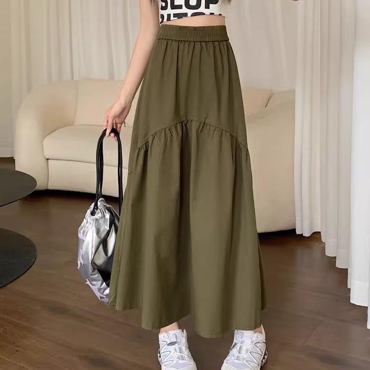 Petite 2023 Summer Korean Pleated Elastic Waist Long Skirt