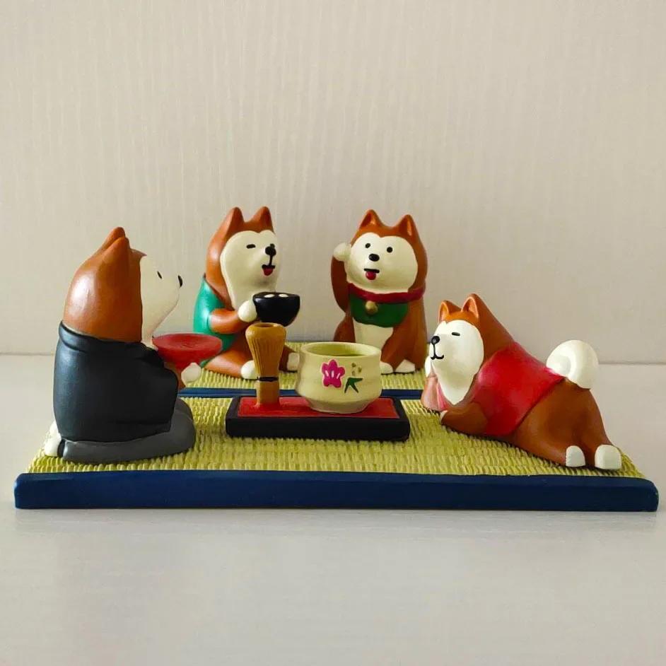 Koteta Japan Style Shiba Inu Drink Tea Figure Scene Decoration Summer Series Resin Craft Home Decor Kids Collectible Ornament