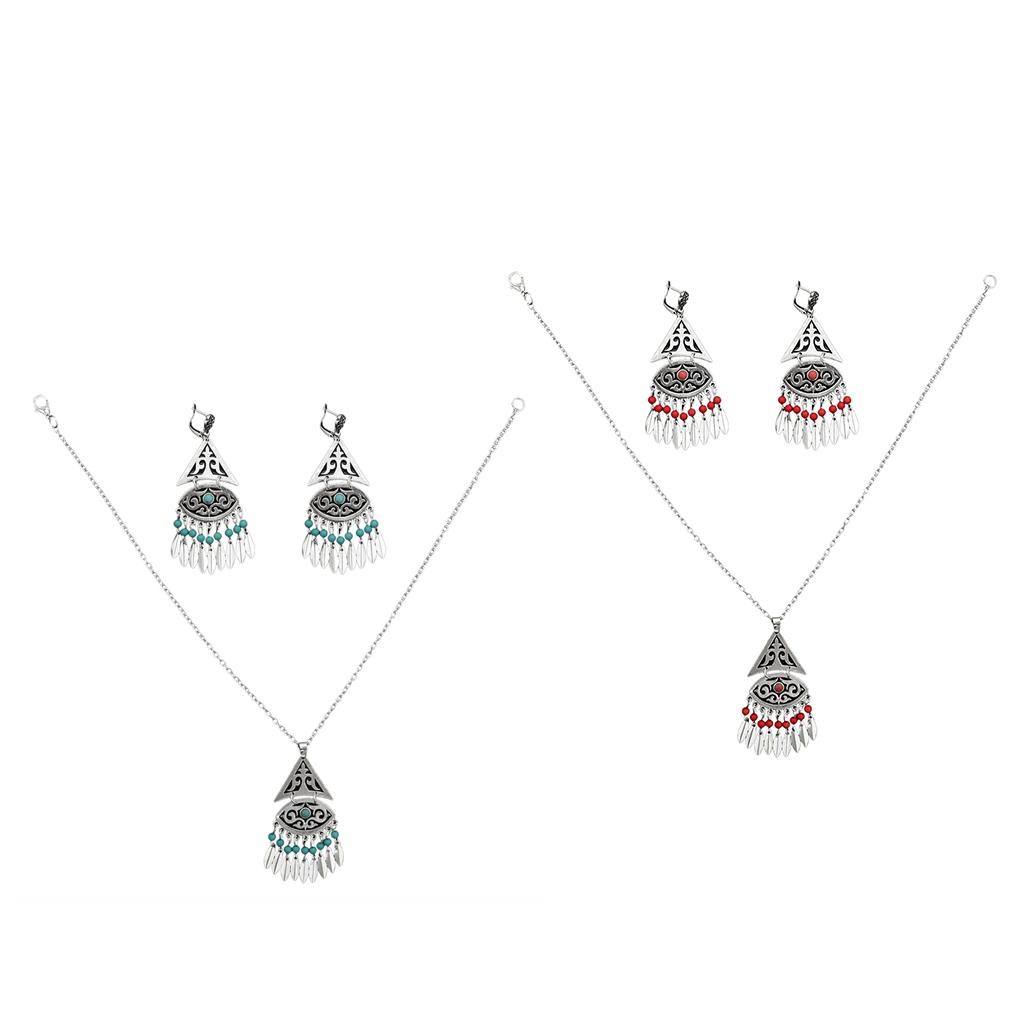 Women's Vintage Bohemian Style Tassel Hook Earrings and Necklace Jewelry Set 74GR