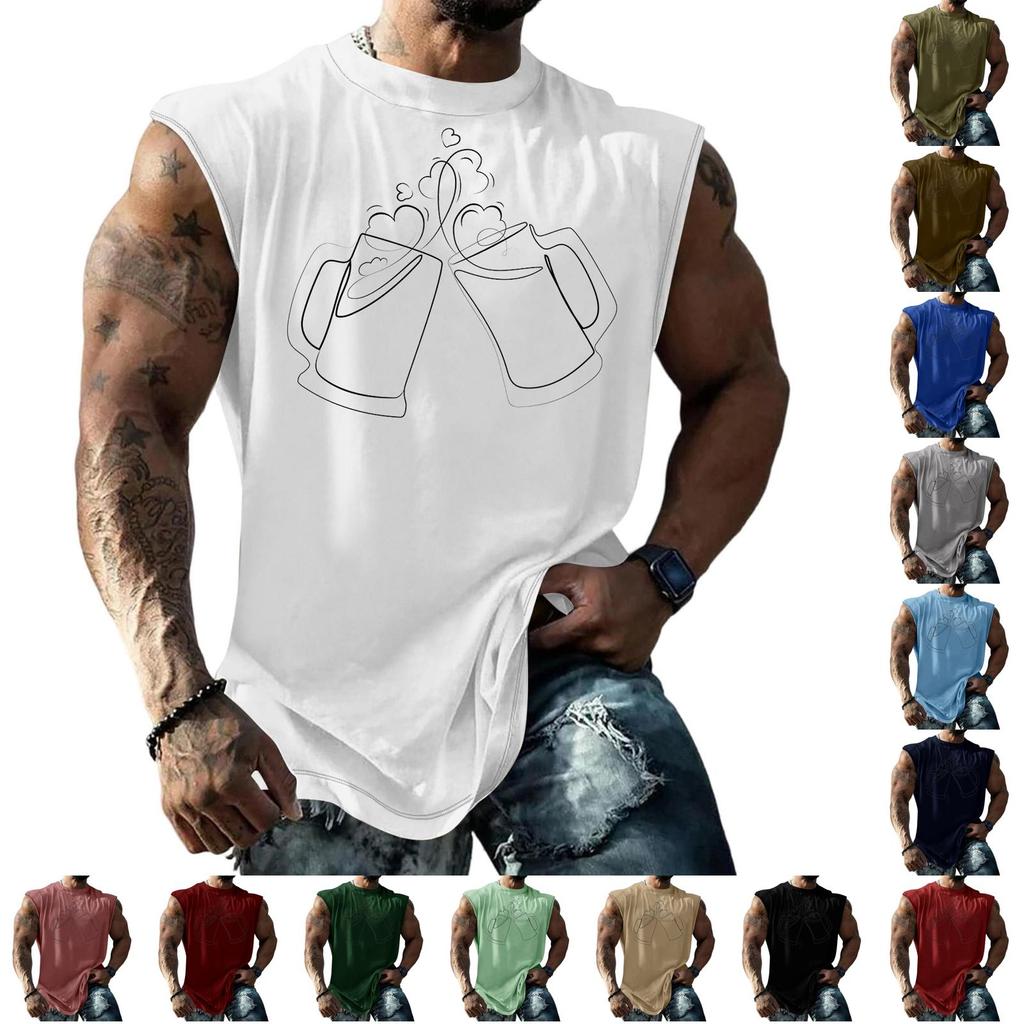 Men's Casual Loose Fit Sleeveless Tank Top with Beer Festival Style Graphic Print Streetwear Athletic Summer Muscle Shirt