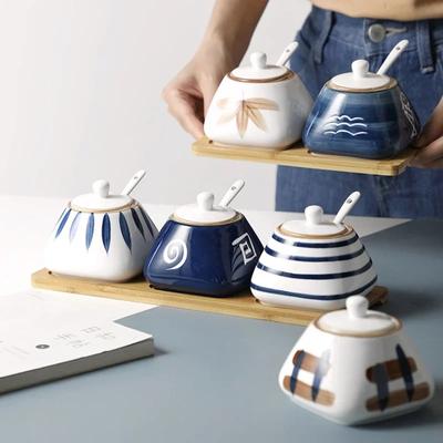 Chinese Style Ceramic Seasoning Pot Set Kitchen Salt Shaker Seasoning Box Seasoning Bottle Sugar MSG Pot