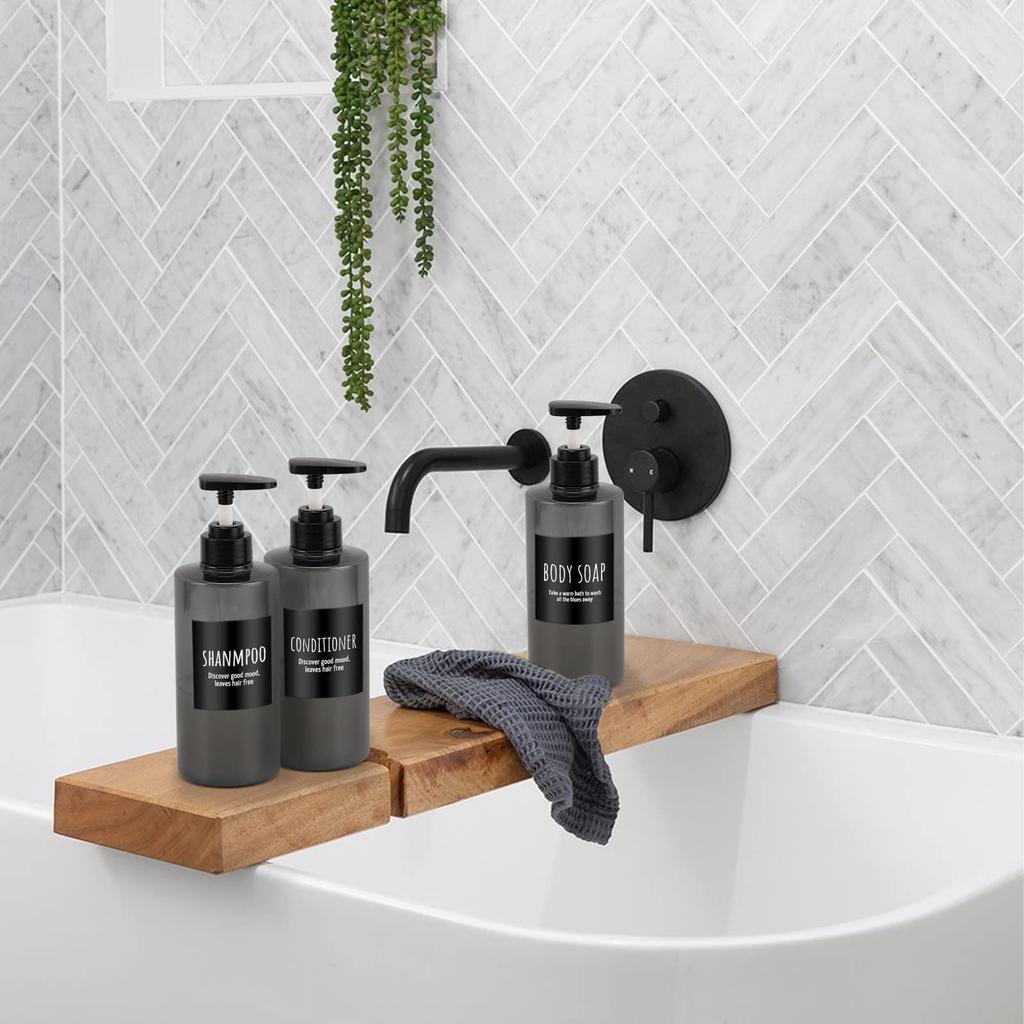 Segbeauty Shampoo Bottle Dispenser, Gray, 500ml, Set of 3, Refillable Bottles, Stylish Bathroom Containers, Anti-Virus