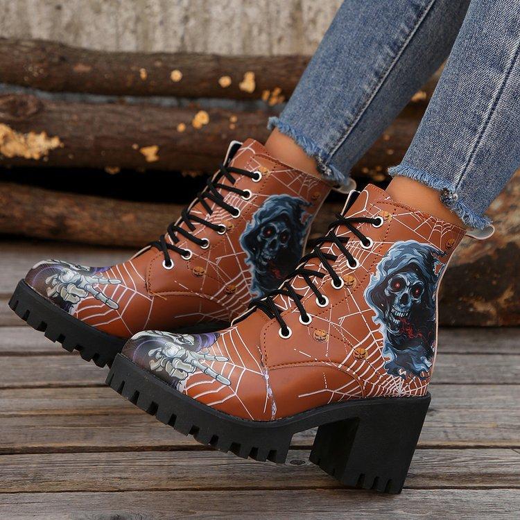 Large size totem European and American style lace-up fashion boots autumn and winter new square heel round head height-increasing women's boots