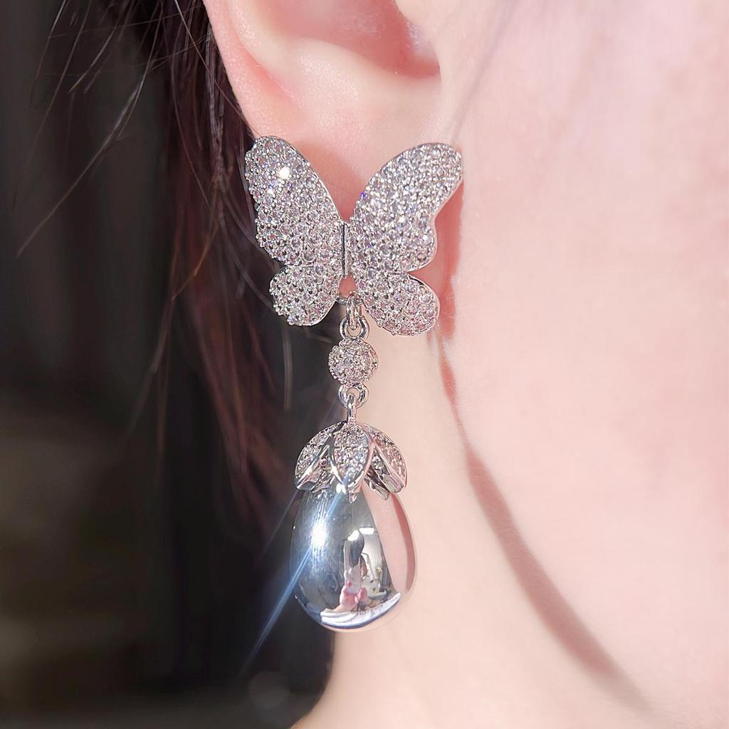 CMM Palace Style Hollow Design Zircon Butterfly Water Drop Artificial Pearl Pendant Earrings Wild Bride Wedding Party Accessories